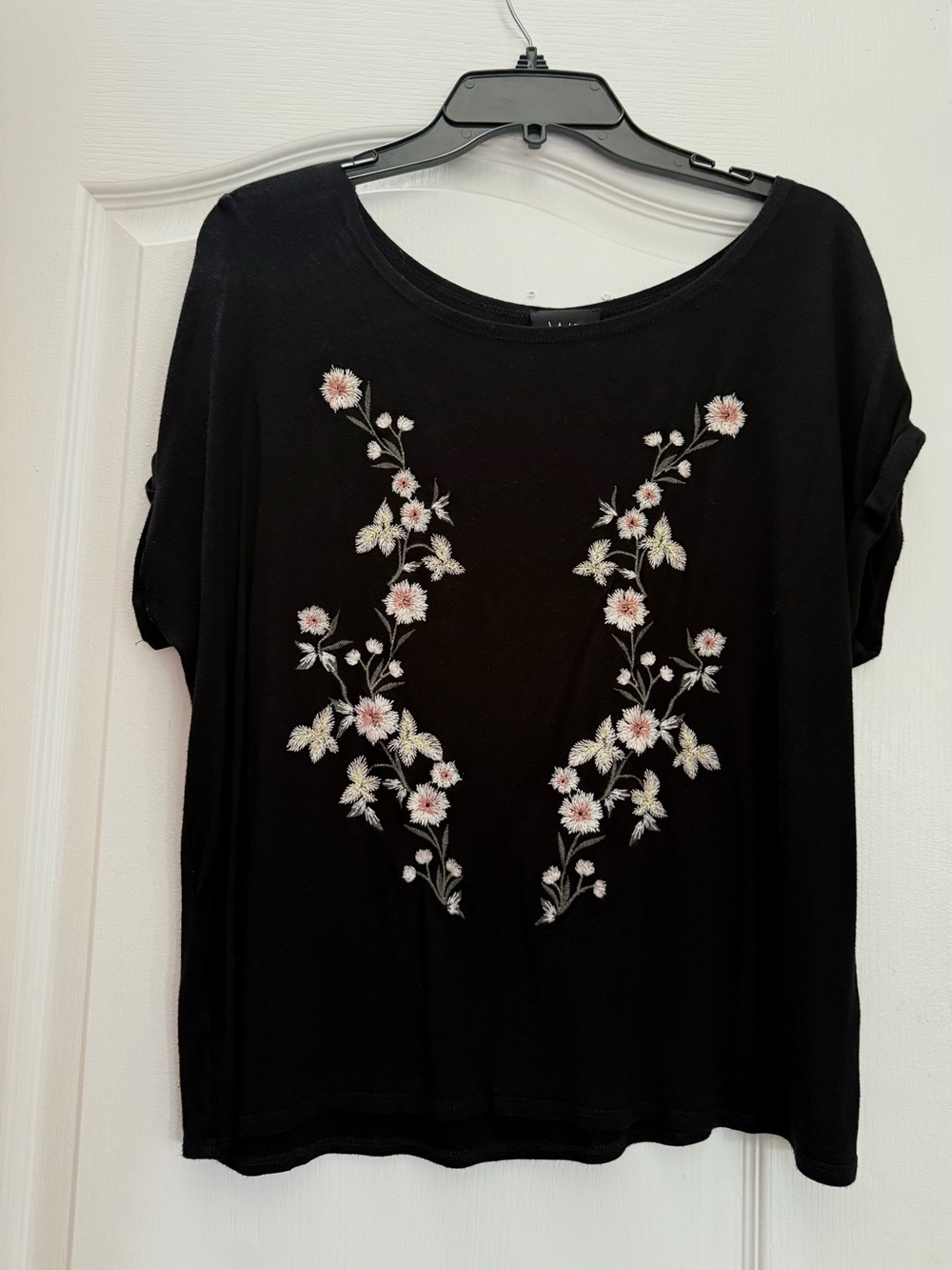 2 for $15 W5 Black Short-Sleeve Tee with Pink & Cream Floral Embroidery